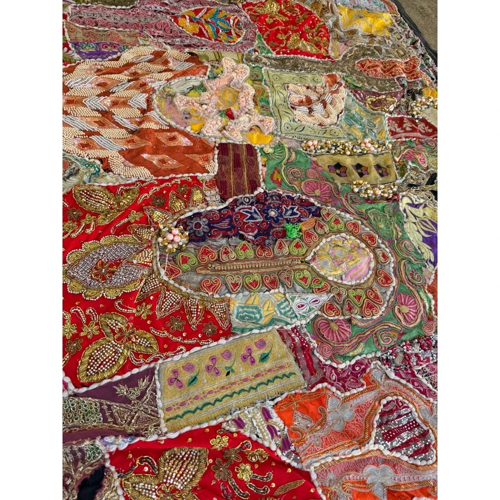 Vintage Indian Heavily Beaded Art Decor Sari Zari Wall Hanging Tapestry 75x93